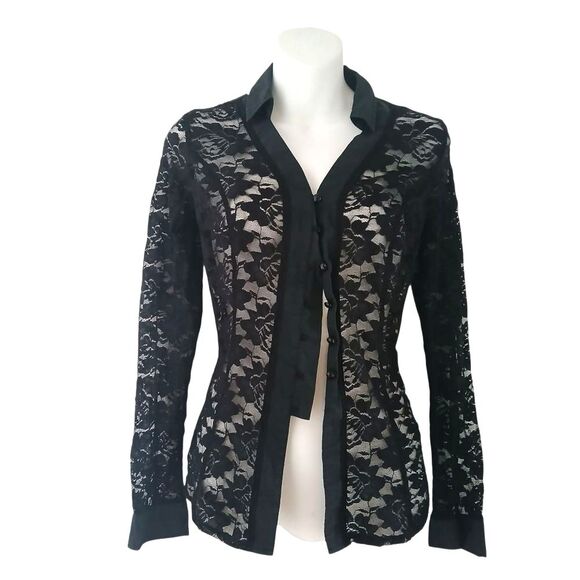 VENUS Black Lace Button Down Shirt Ribbon Lace Up Sheer Peplum Shape Size SM - Picture 1 of 15